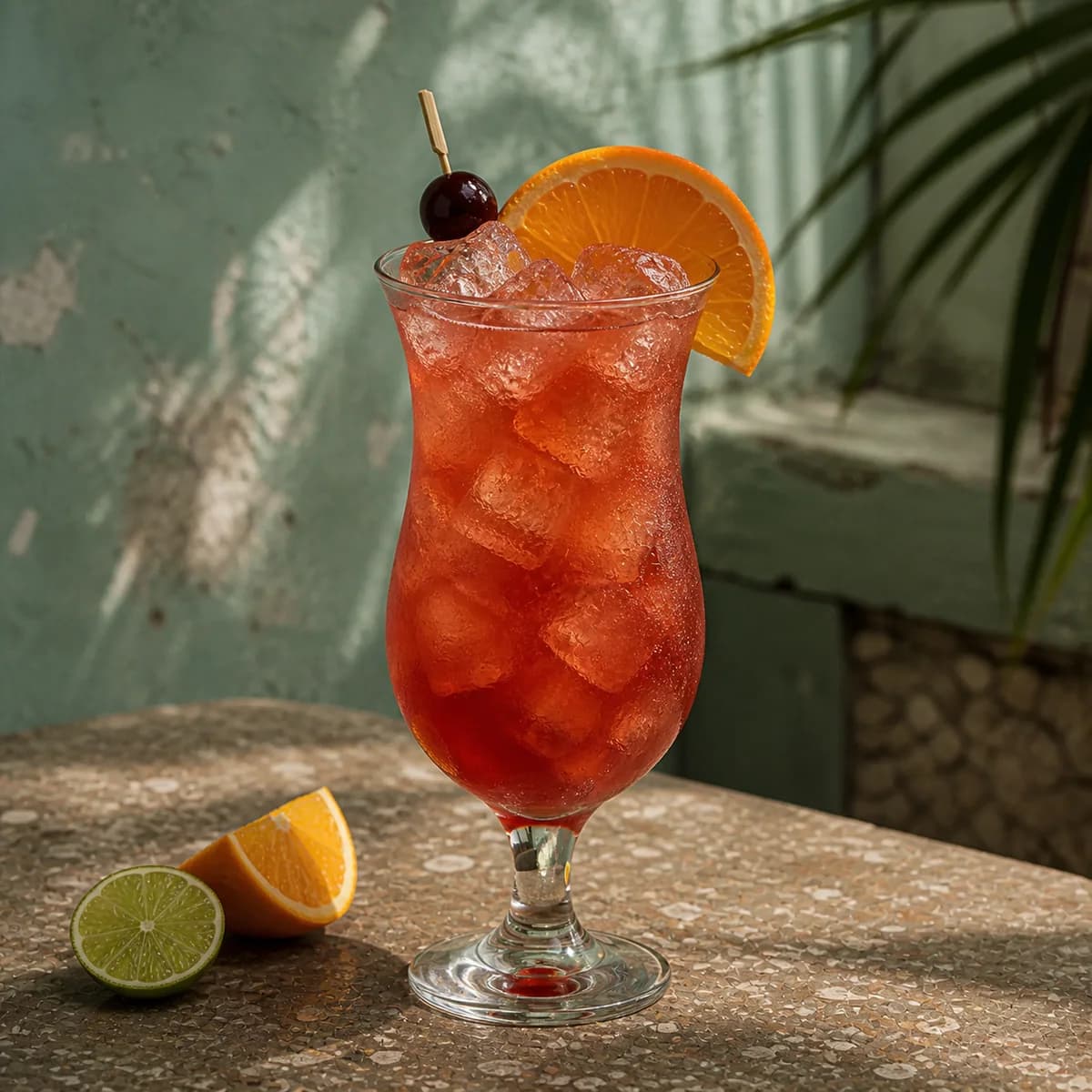 Hurricane in a curved hurricane glass styled in a shaded island courtyard bar with faded sea-green render, old terrazzo and a single palm shadow.