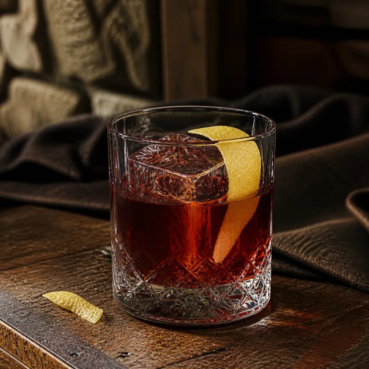 Improved Whiskey Cocktail in a heavy low rocks glass styled in a mountain lodge bar with timeworn oak, dark wool and rough local stone.