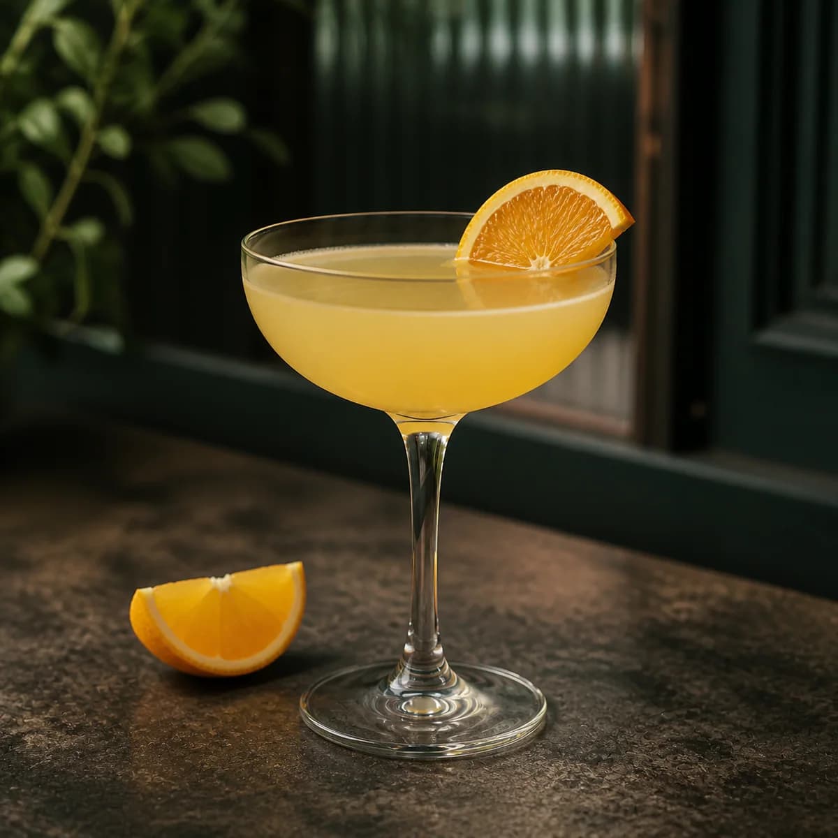 Income Tax in a clear shallow coupe styled in a restrained botanical bar with dark green painted wood, ribbed glass and a few out-of-focus leaves.