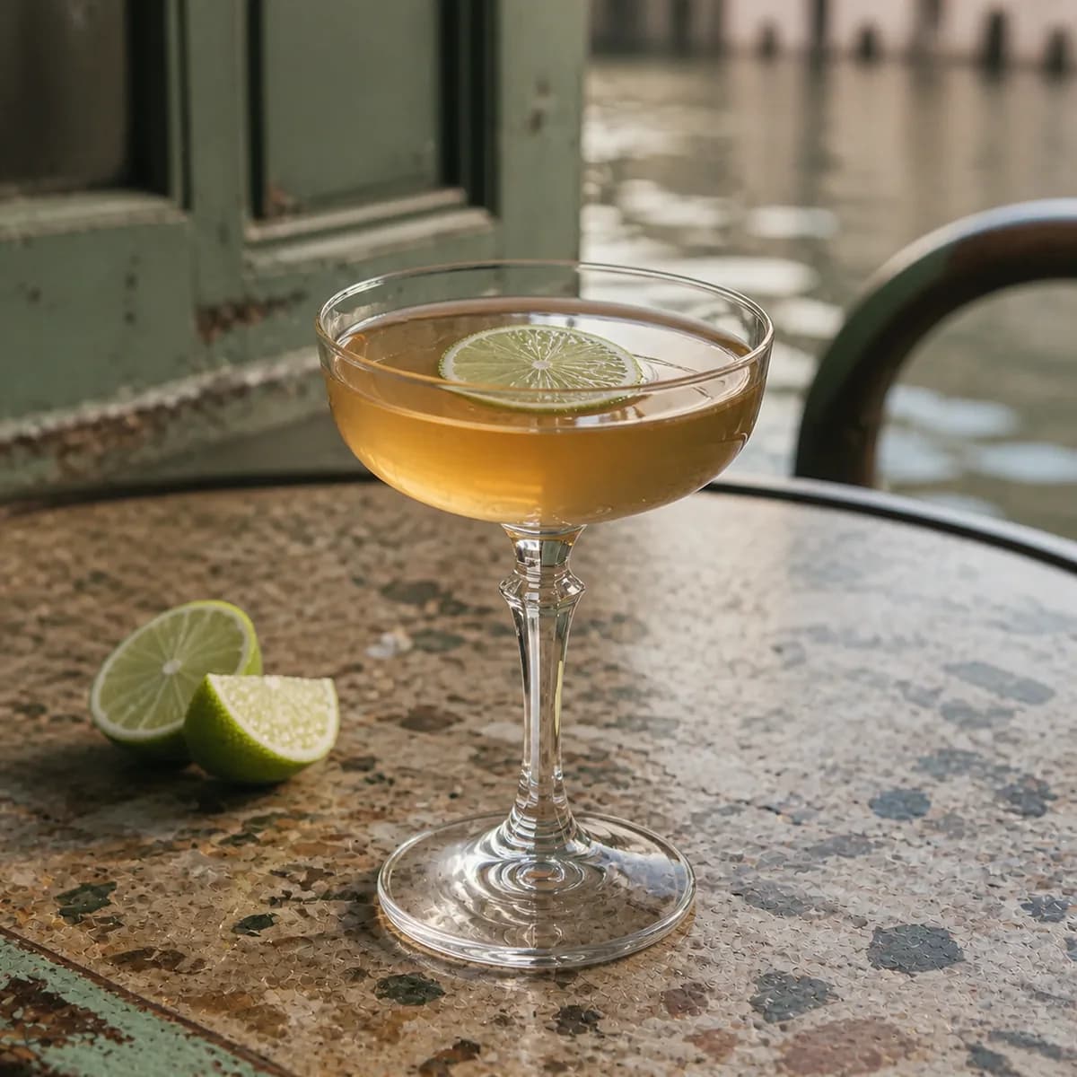 Industry Sour in a clear shallow coupe styled in a quiet canal café bar with worn celadon paint, old terrazzo and watery reflections in the distance.