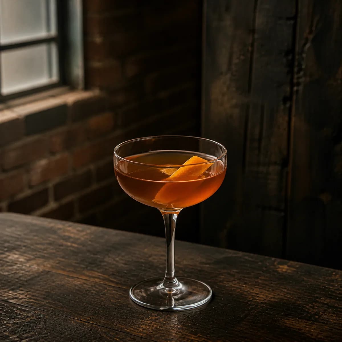 Ink Street in a clear shallow coupe styled in a refined warehouse tasting bar with rough brick, charred oak and one high factory window.