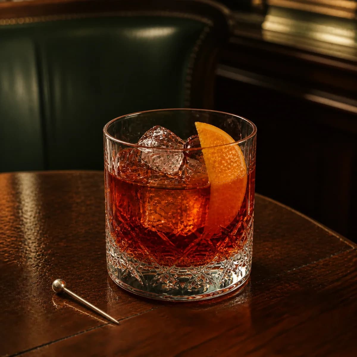 Irish Old Fashioned in a heavy low rocks glass styled in an old railway club bar with bottle-green leather, mahogany and aged nickel.