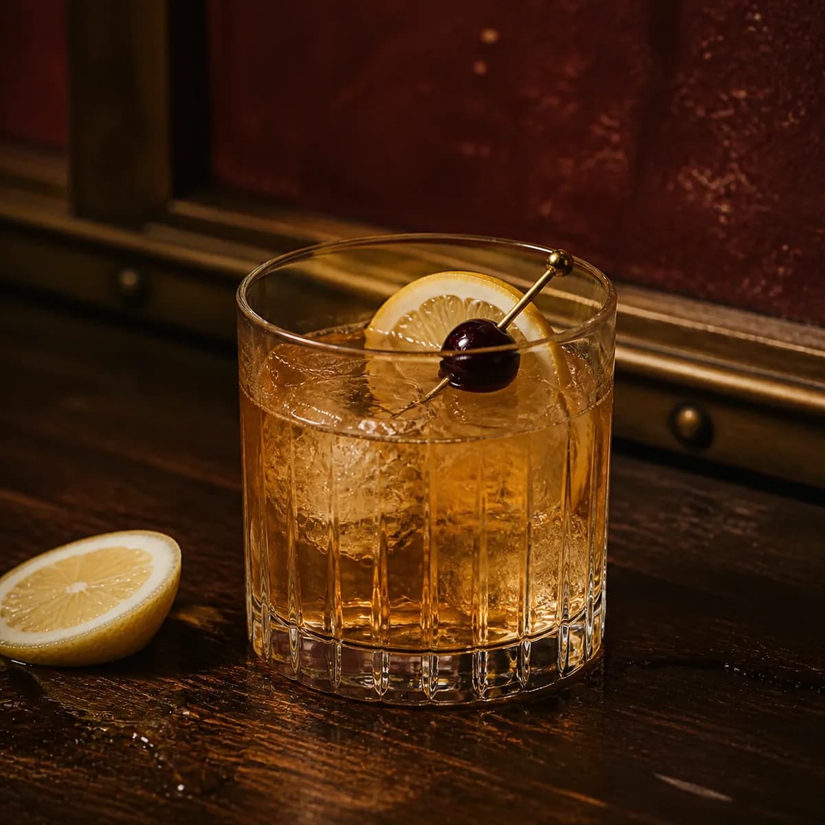 Irish Whiskey Sour in a heavy low rocks glass styled in a small jazz bar with oxblood plaster, old brass trim and scratched dark wood.