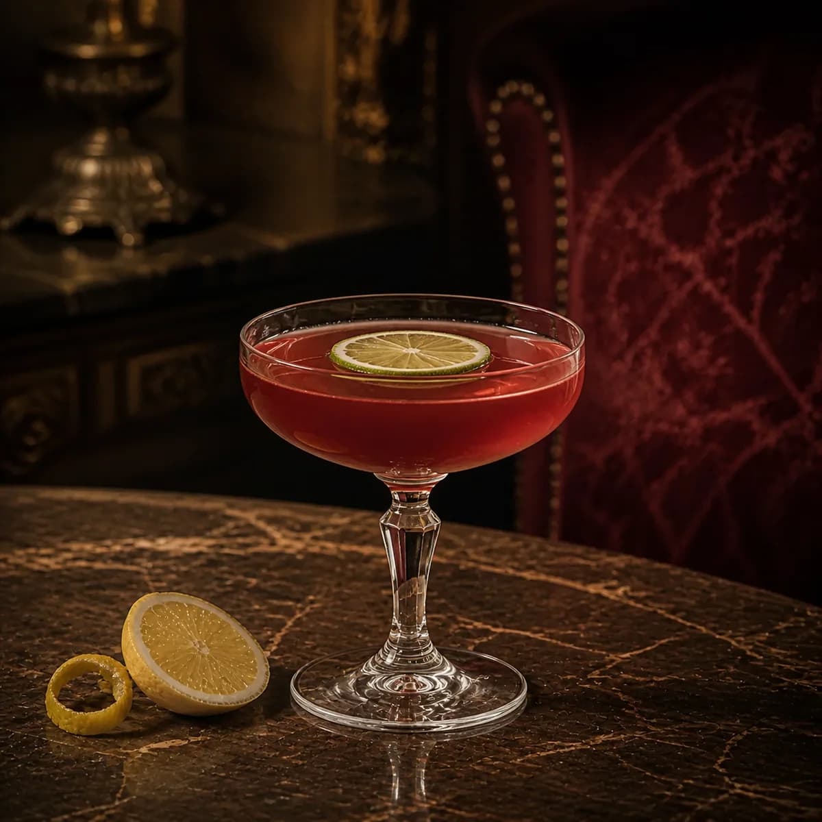 Jack Rose in a clear shallow coupe styled in a Belle Époque salon bar with faded burgundy velvet, dark marble and aged brass.