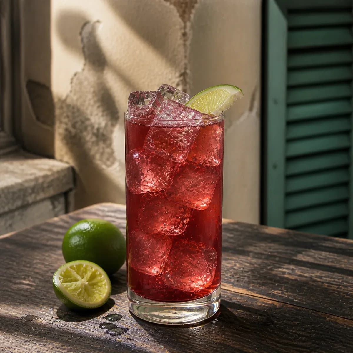 Jamaican Mule in a tall straight-sided highball glass styled in a lived-in Cuban veranda with aged mineral plaster, a soft off-centre shutter and worn dark wood.