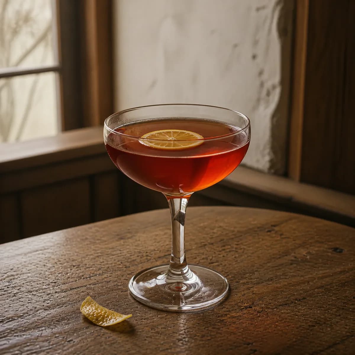 Japanese Cocktail in a clear shallow coupe styled in an old orchard inn bar with pale plaster, applewood and a soft window looking onto bare branches.