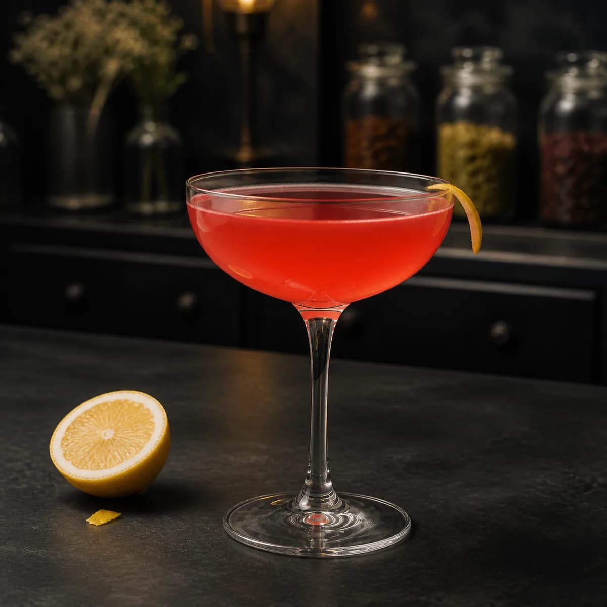 Jasmine in a clear shallow coupe styled in a modern apothecary-style bar with charcoal slate, smoked glass and unlabeled botanical jars in blur.