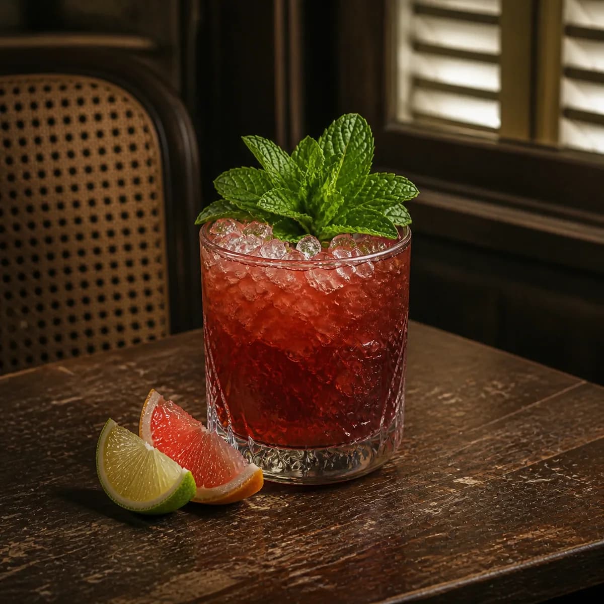 Jet Pilot in a heavy low rocks glass styled in a quiet colonial gallery bar with worn cane furniture, dark mahogany and cream shutters.