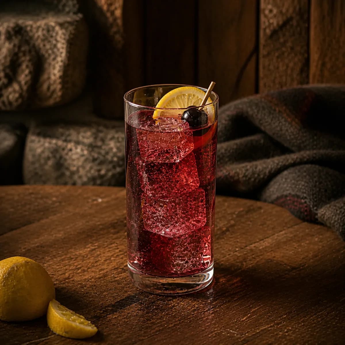 John Collins in a tall straight-sided highball glass styled in a mountain lodge bar with timeworn oak, dark wool and rough local stone.