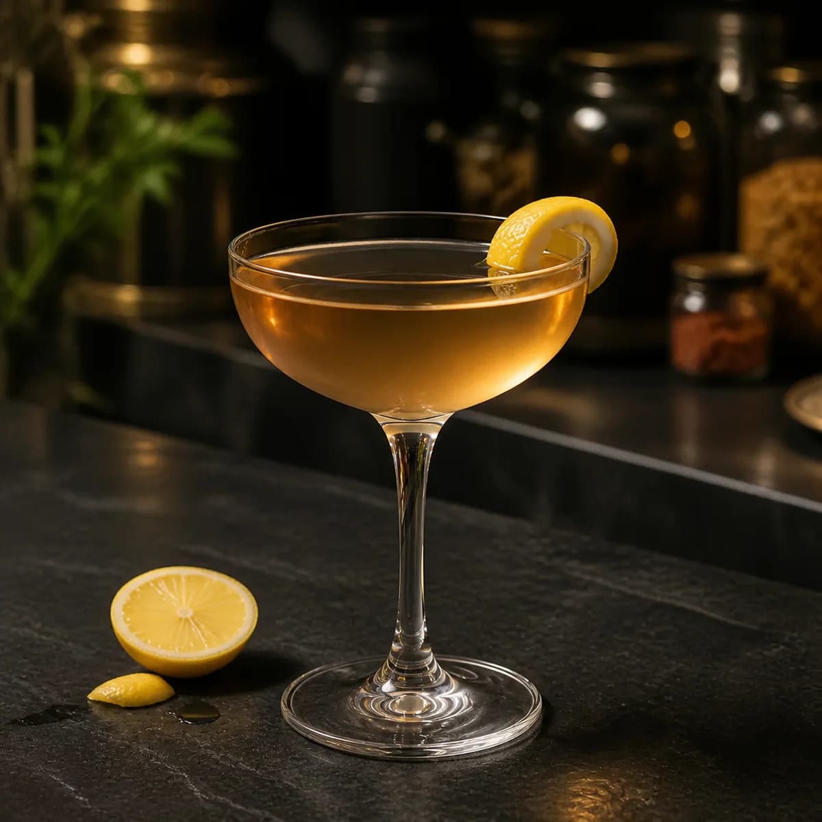 Journalist in a clear shallow coupe styled in a modern apothecary-style bar with charcoal slate, smoked glass and unlabeled botanical jars in blur.