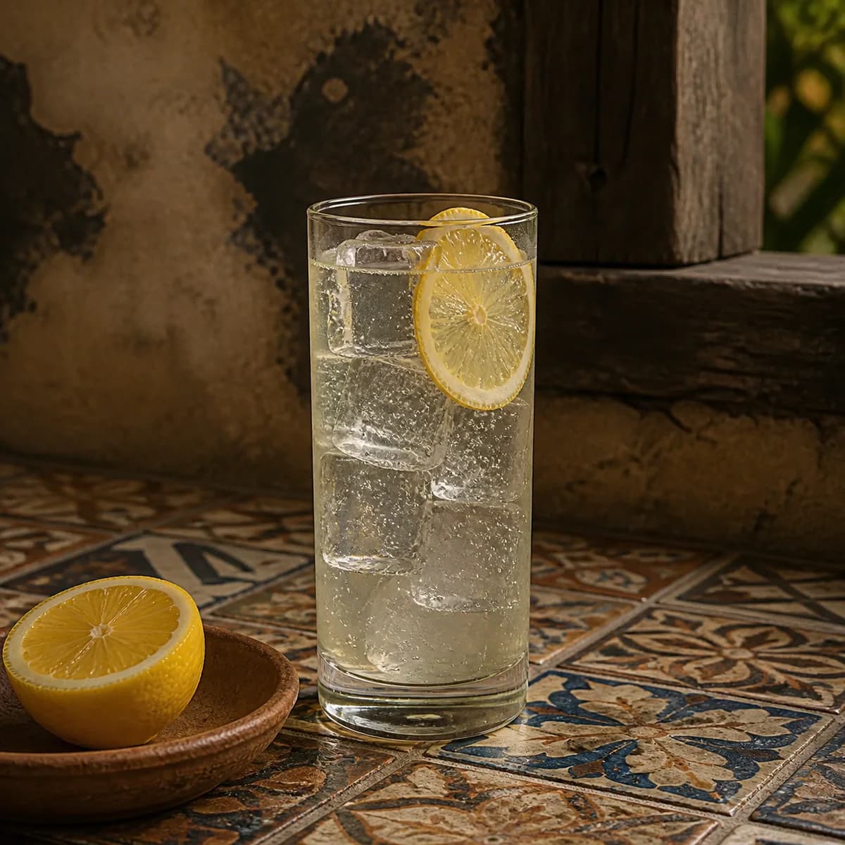Juan Collins in a tall straight-sided highball glass styled in an Oaxacan courtyard bar with smoke-darkened clay plaster, handmade tile and old timber.