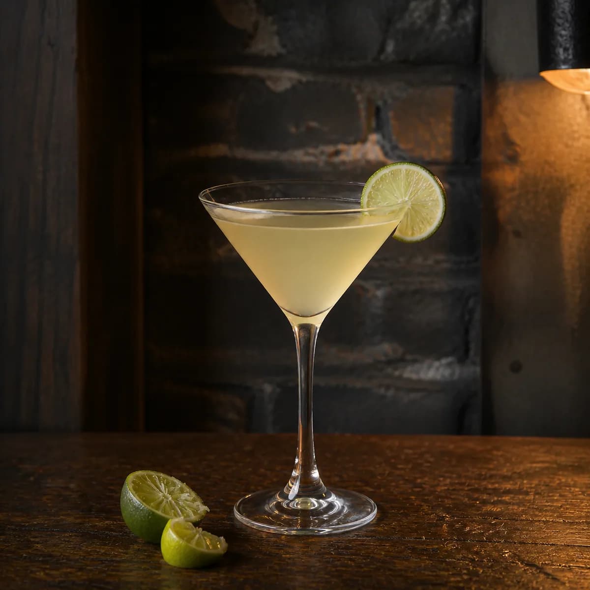 Kamikaze in a sharp V-shaped martini glass styled in a lived-in industrial loft bar with charcoal brick, scratched walnut and aged metal details.