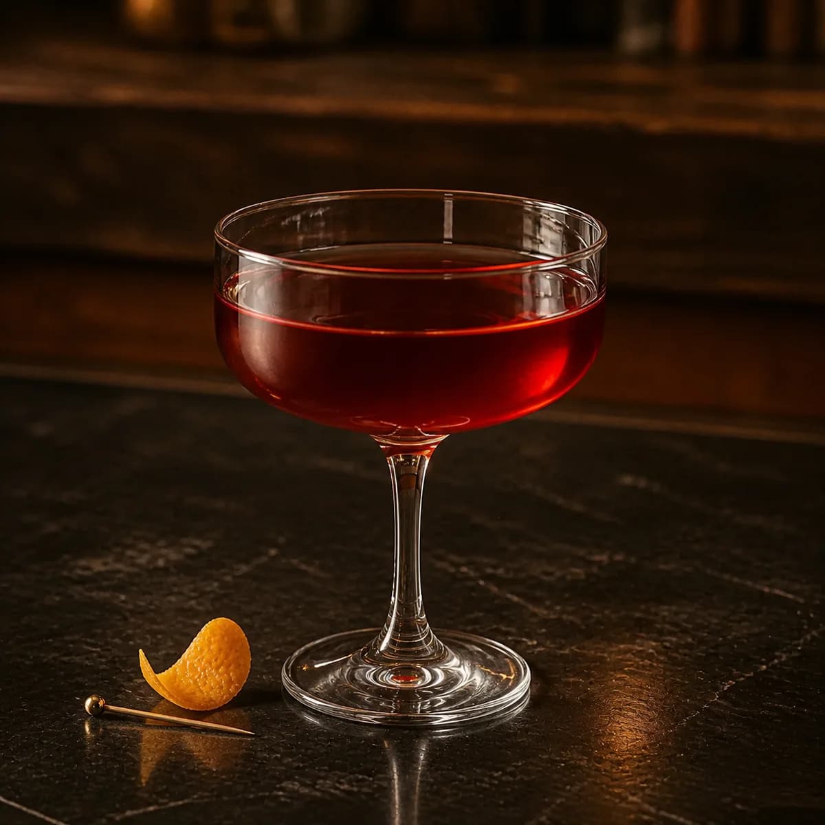 Kentucky Colonel in a clear shallow coupe styled in a neighborhood speakeasy with irregular dark-walnut shelves and worn black soapstone.