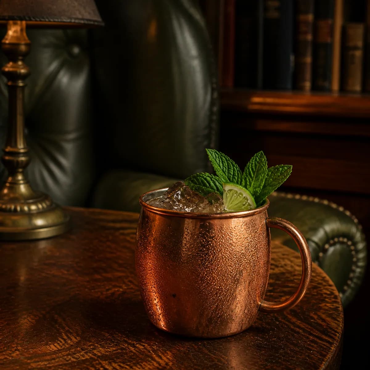 Kentucky Mule in a real hammered copper mug with a full handle styled in a private library bar with deep olive leather, natural creases, off-centre seams and aged walnut.