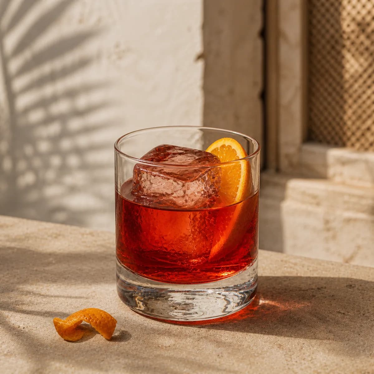 Kingston Negroni in a heavy low rocks glass styled in an airy tropical hotel bar with irregular off-white plaster, rattan shadow and honey limestone.