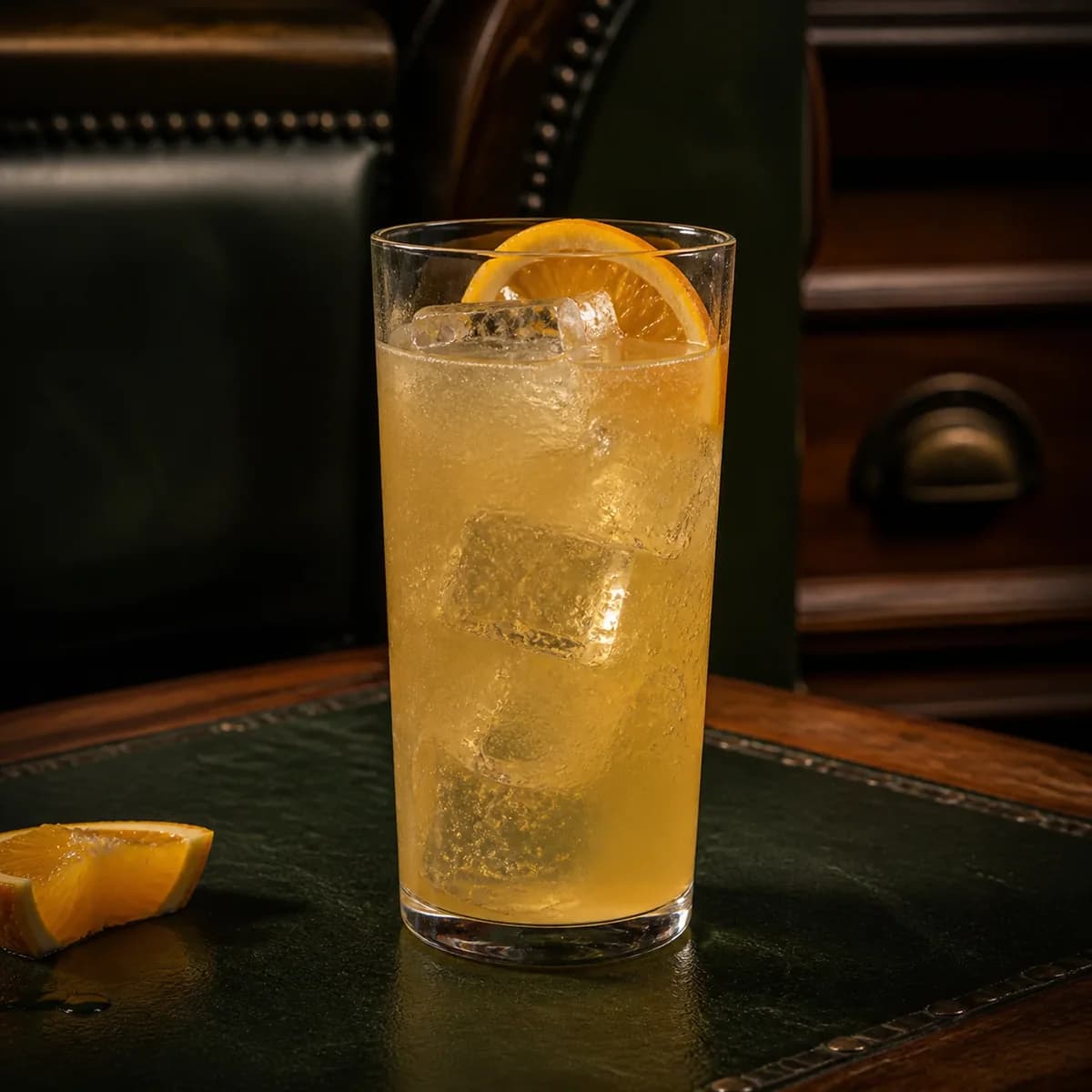 Klondike Cooler in a tall straight-sided highball glass styled in an old railway club bar with bottle-green leather, mahogany and aged nickel.