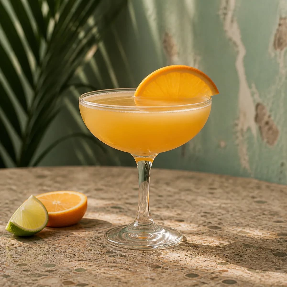 Knickerbocker in a clear shallow coupe styled in a shaded island courtyard bar with faded sea-green render, old terrazzo and a single palm shadow.