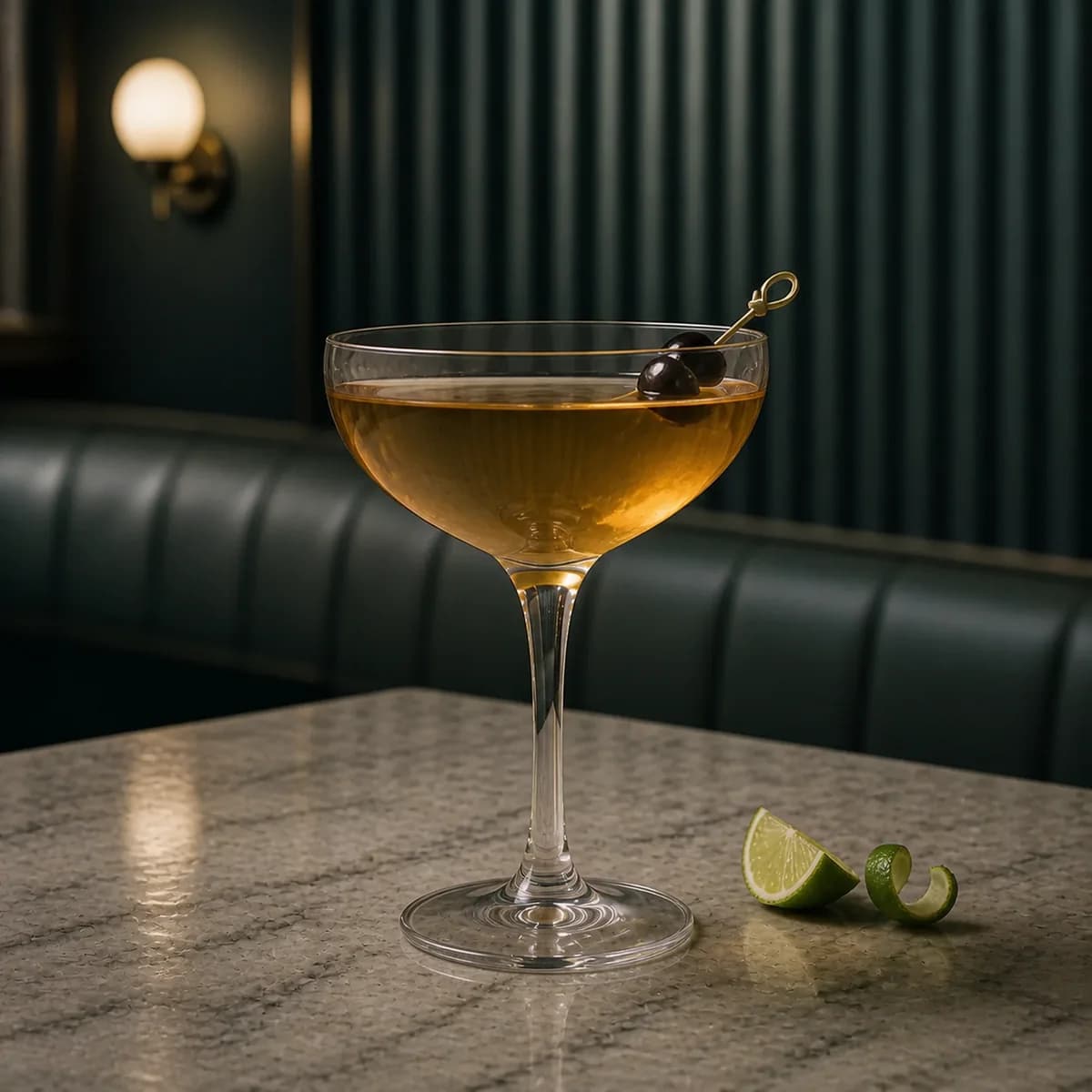 Last Word in a clear shallow coupe styled in a cool Art Deco hotel bar with smoky teal fluting, pale gray marble and one asymmetric opal sconce.