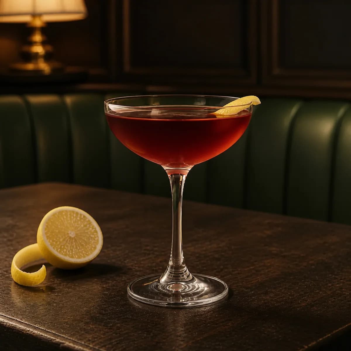 Leap Year in a clear shallow coupe styled in a quiet old hotel bar with sage leather, dark oak and one shaded brass lamp.
