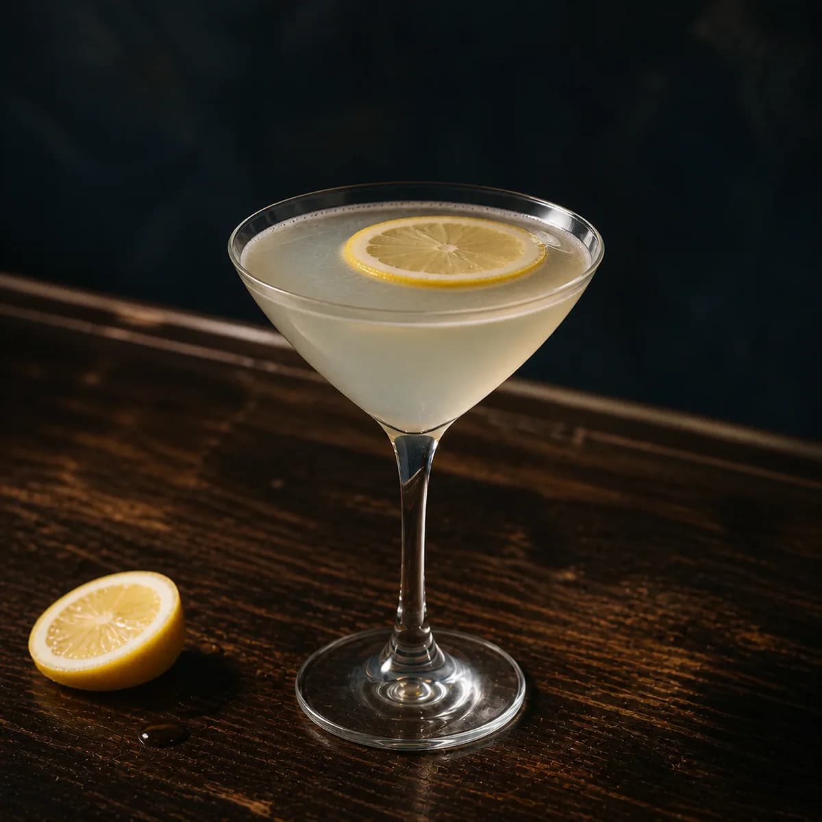 Lemon Drop in a clear shallow coupe styled in a late-night espresso bar with smoky navy limewash, scratched dark oak and restrained chrome highlights.