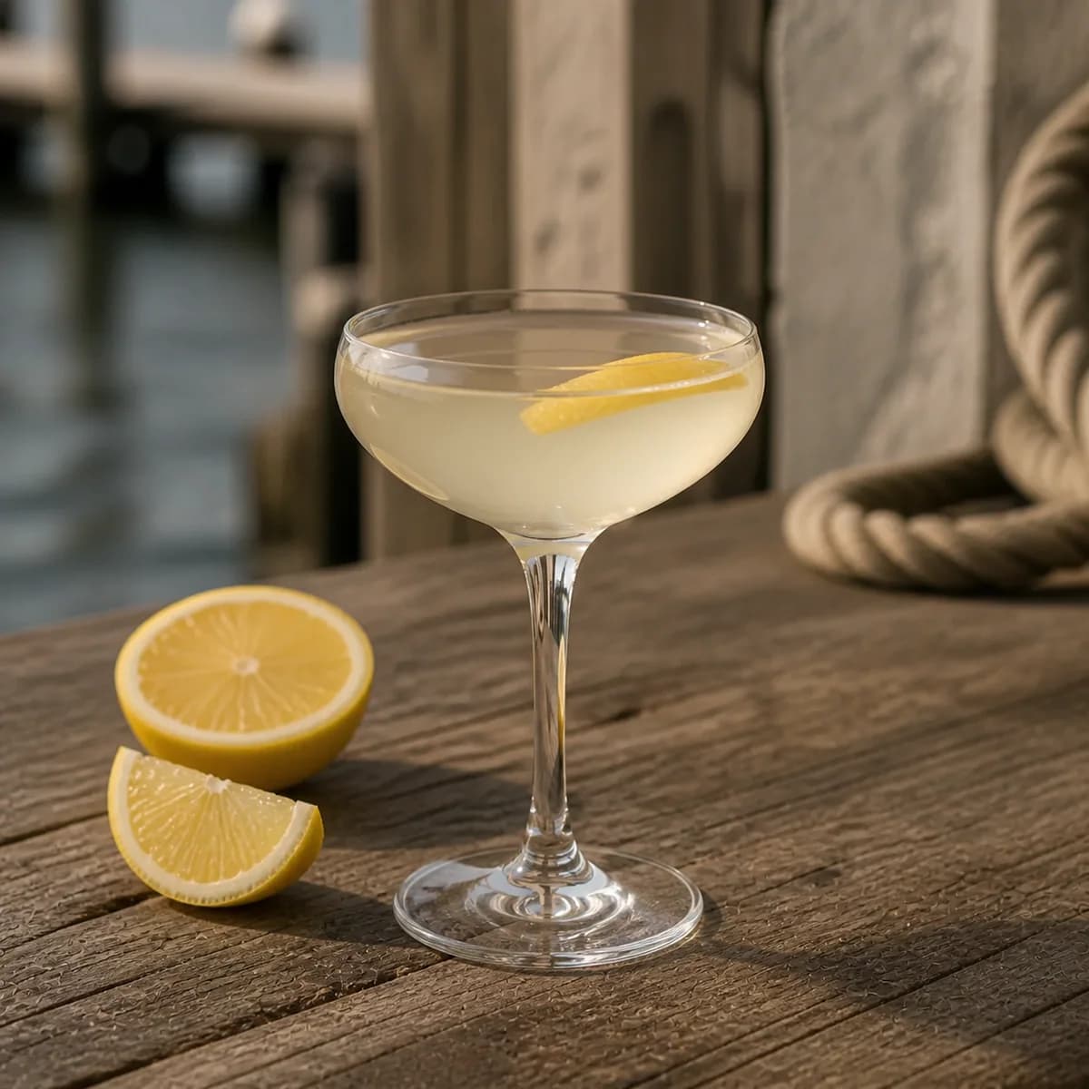 Little Devil in a clear shallow coupe styled in a quiet harbor rum bar with salt-worn timber, limewashed walls and one blurred rope detail.