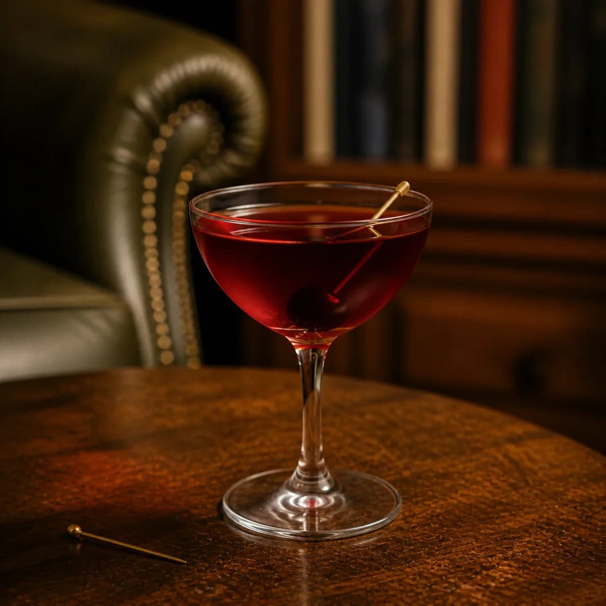 Little Italy in a clear shallow coupe styled in a private library bar with deep olive leather, natural creases, off-centre seams and aged walnut.