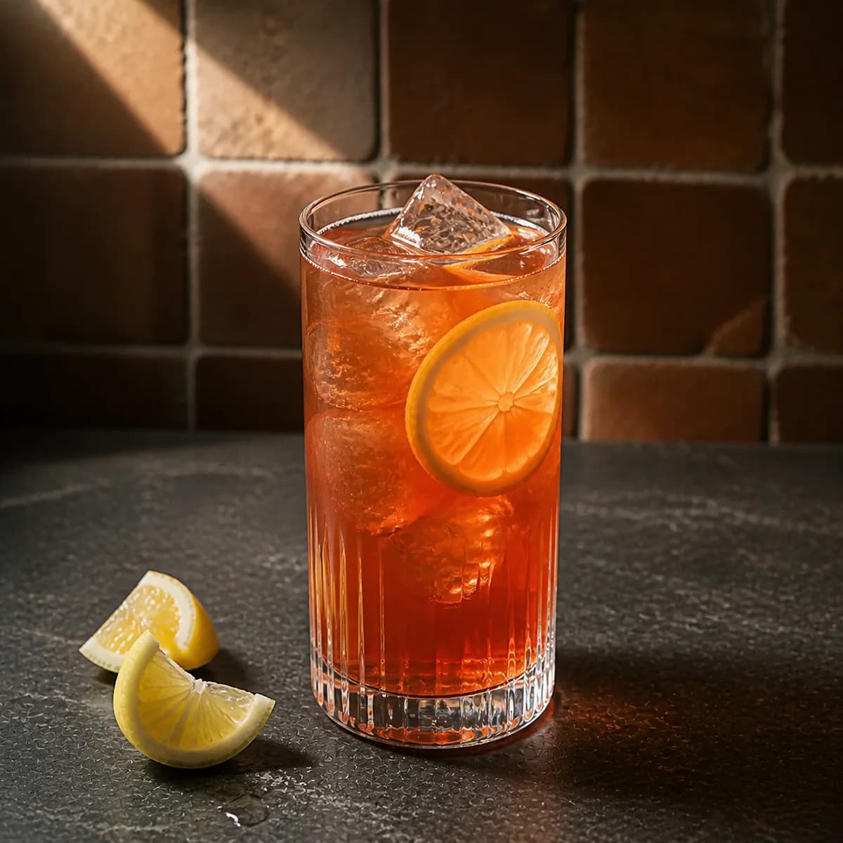 Long Beach Iced Tea in a tall straight-sided highball glass styled in a contemporary cantina with handmade terracotta zellige, imperfect grout and matte charcoal soapstone.