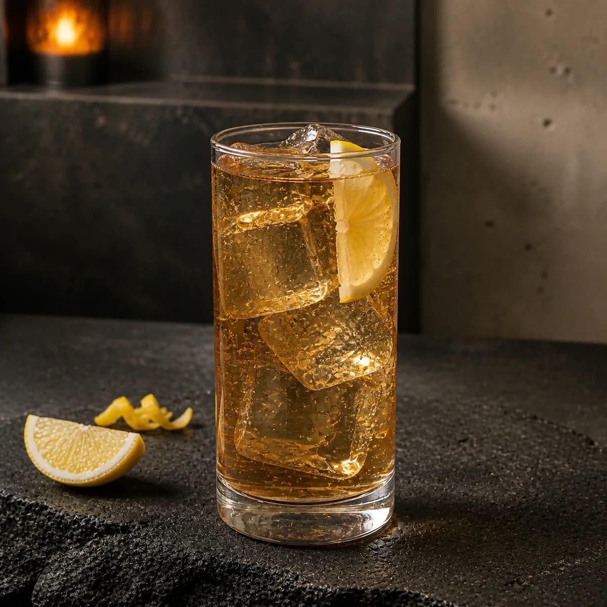Long Island Iced Tea in a tall straight-sided highball glass styled in a restrained modern mezcalería with blackened steel, pale clay render and rough volcanic stone.