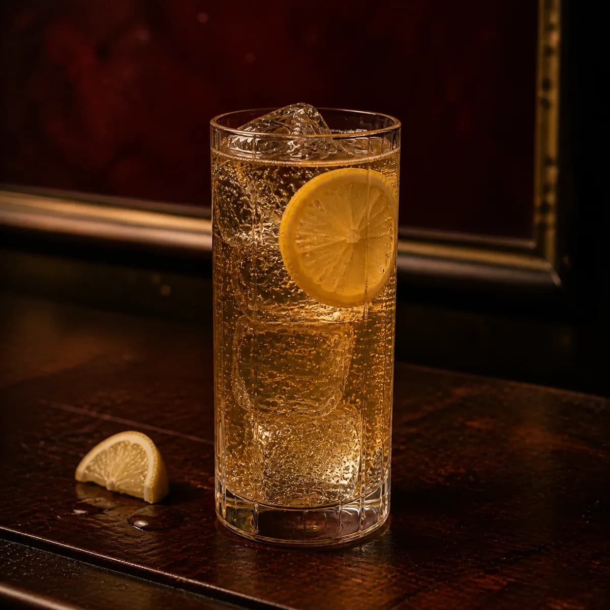 Lynchburg Lemonade in a tall straight-sided highball glass styled in a small jazz bar with oxblood plaster, old brass trim and scratched dark wood.