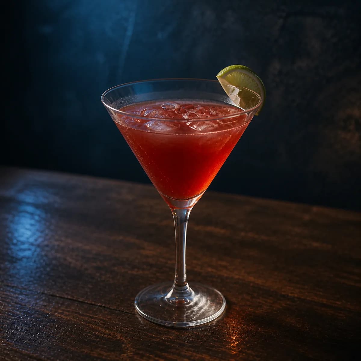 Madras in a tall straight-sided highball glass styled in a contemporary city hotel bar with smoked navy walls, honed stone and distant window reflections.