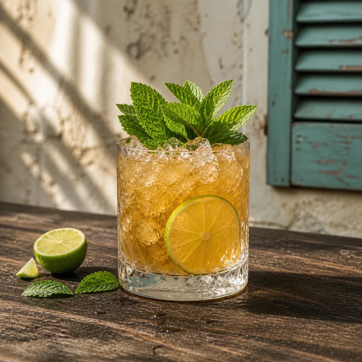 Mai Tai in a heavy low rocks glass styled in a lived-in Cuban veranda with aged mineral plaster, a soft off-centre shutter and worn dark wood.