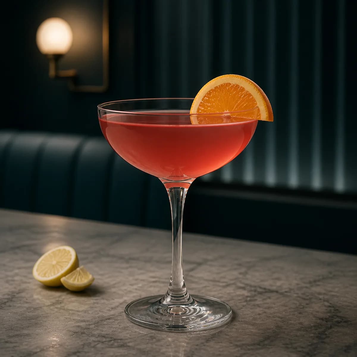 Maiden's Blush in a clear shallow coupe styled in a cool Art Deco hotel bar with smoky teal fluting, pale gray marble and one asymmetric opal sconce.