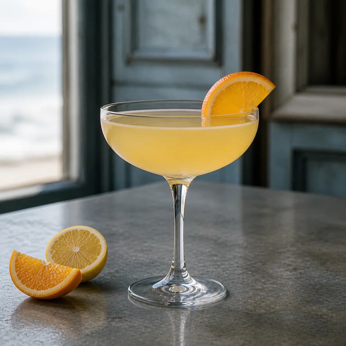 Maiden's Prayer in a clear shallow coupe styled in a coastal brasserie bar with weathered blue-gray paneling, zinc counter and hazy sea light.