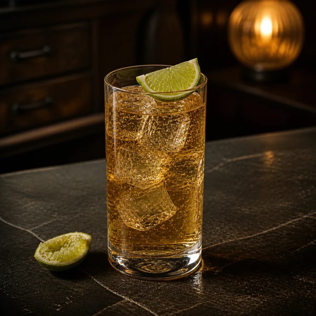 Mamie Taylor in a tall straight-sided highball glass styled in a neighborhood speakeasy with irregular dark-walnut shelves and worn black soapstone.
