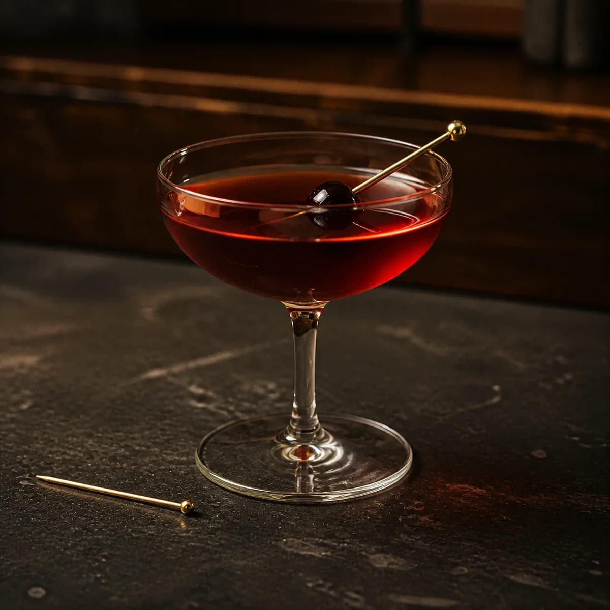 Manhattan in a clear shallow coupe styled in a neighborhood speakeasy with irregular dark-walnut shelves and worn black soapstone.