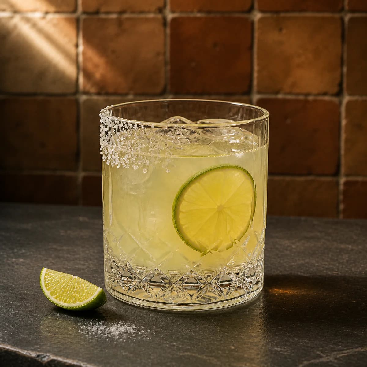 Margarita in a heavy low rocks glass styled in an agave-country rooftop bar with pale volcanic stone, limewashed wall and distant dusty hills.