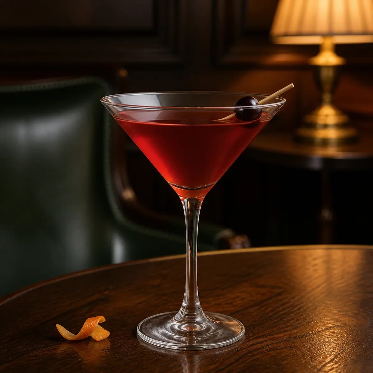 Martinez in a sharp V-shaped martini glass styled in a quiet old hotel bar with sage leather, dark oak and one shaded brass lamp.