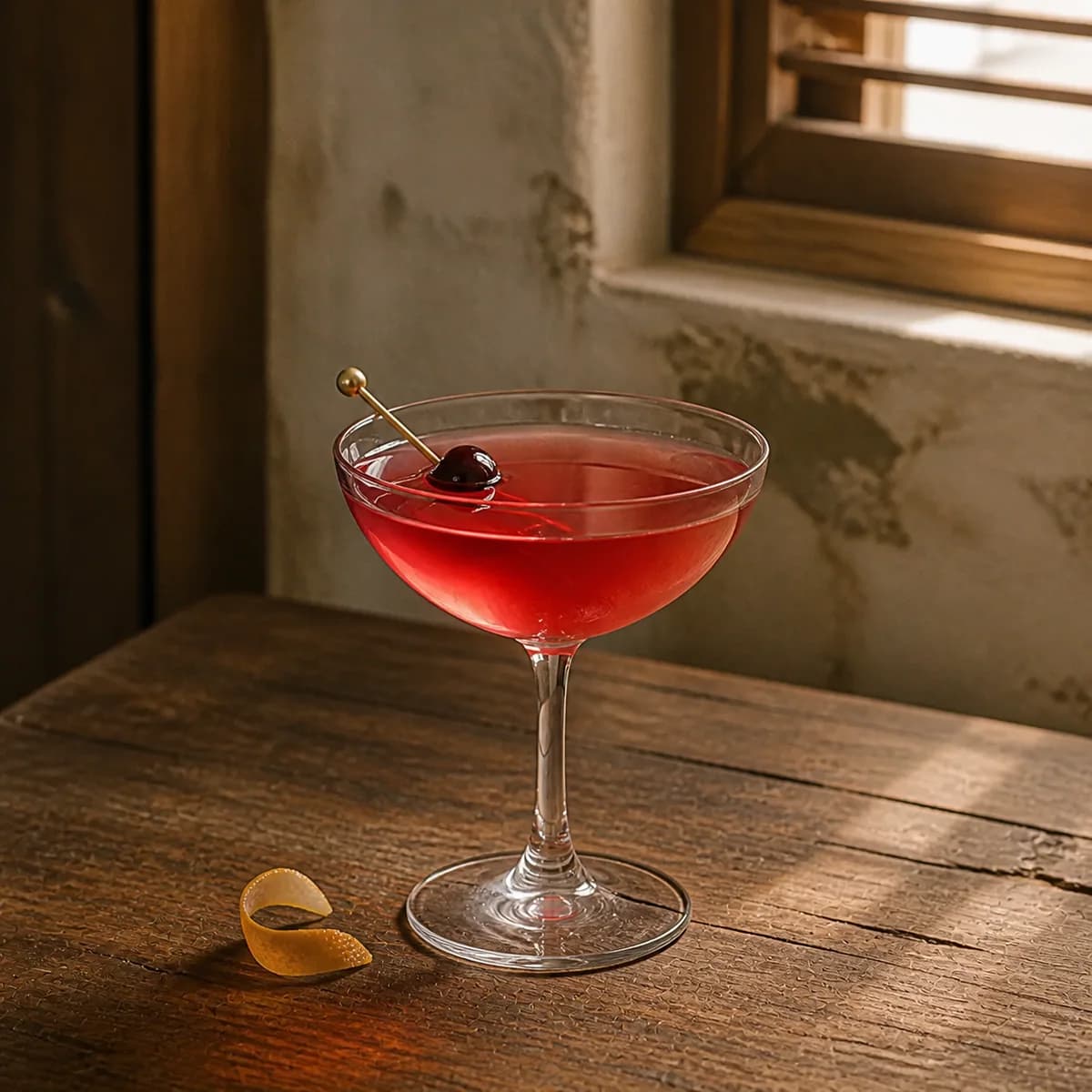 Mary Pickford in a clear shallow coupe styled in an old cane-house bar with pale rough plaster, honeyed wood and a distant slatted window.