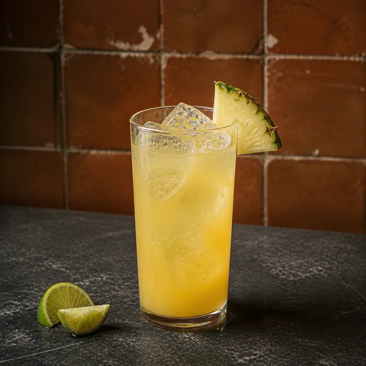 Matador in a tall straight-sided highball glass styled in a contemporary cantina with handmade terracotta zellige, imperfect grout and matte charcoal soapstone.