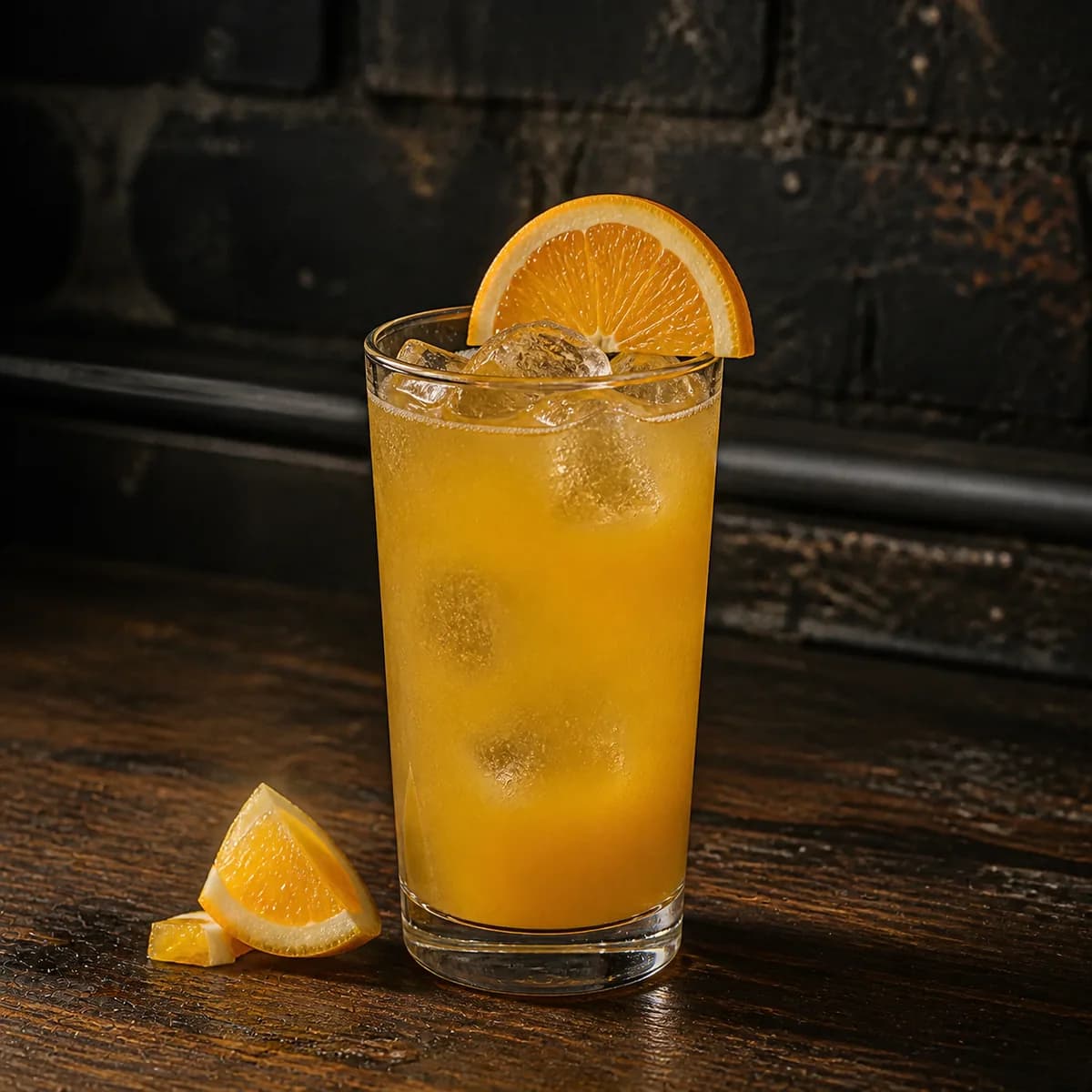 Melon Ball in a tall straight-sided highball glass styled in a lived-in industrial loft bar with charcoal brick, scratched walnut and aged metal details.
