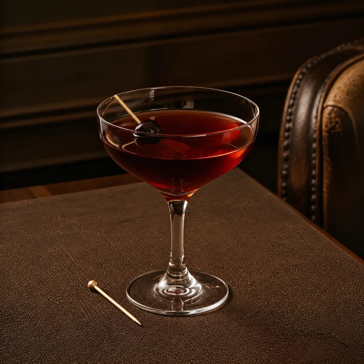 Metropolitan in a clear shallow coupe styled in a quiet drawing-room bar with tobacco linen, walnut and one worn leather chair edge.