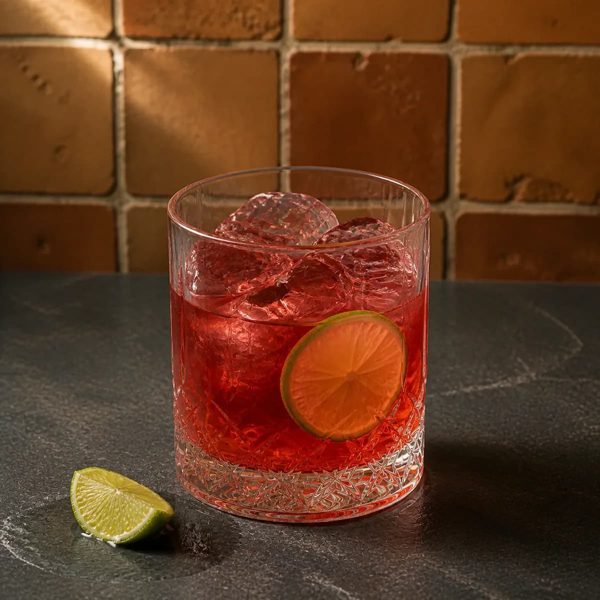 Mexican Firing Squad in a heavy low rocks glass styled in a contemporary cantina with handmade terracotta zellige, imperfect grout and matte charcoal soapstone.