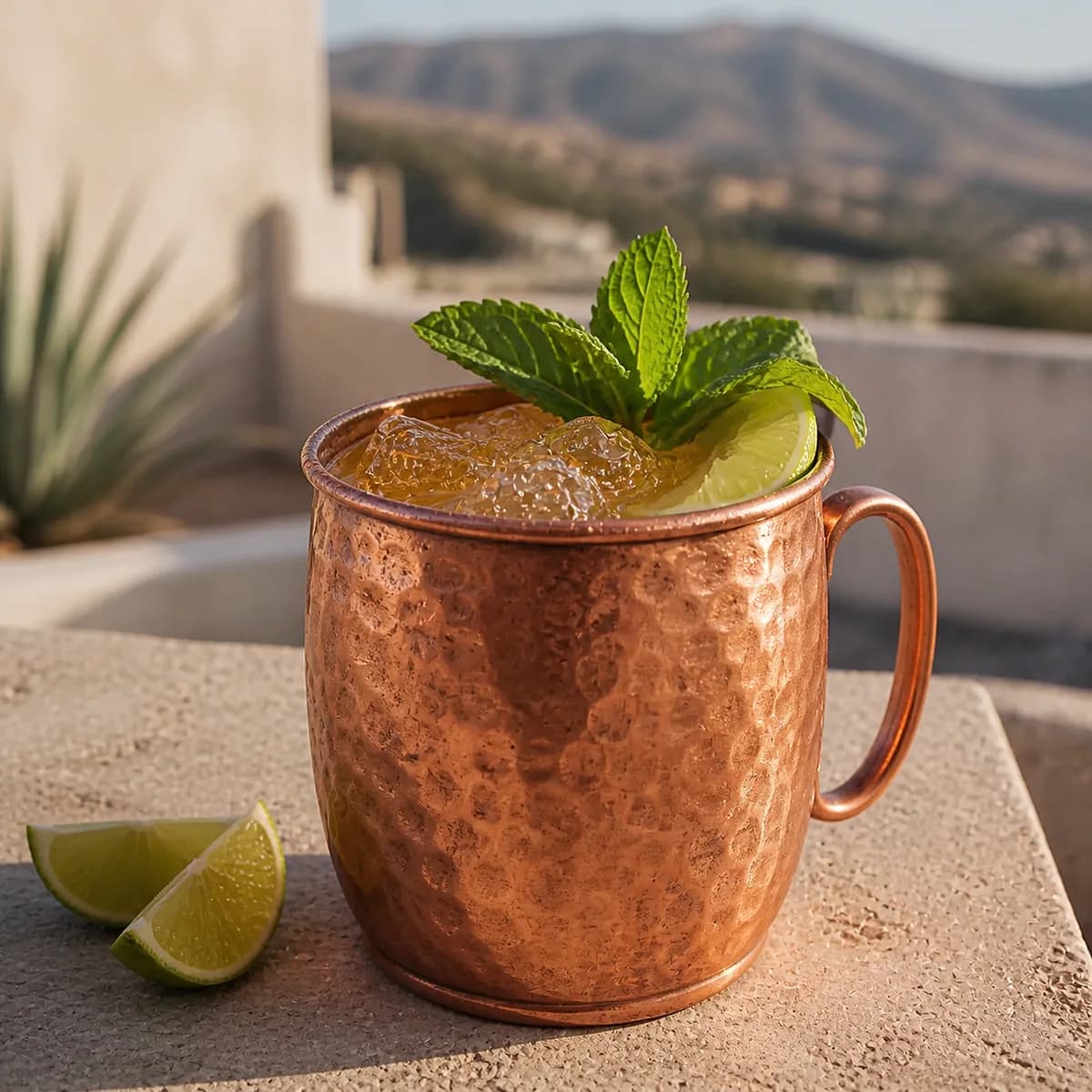 Mexican Mule in a real hammered copper mug with a full handle styled in an agave-country rooftop bar with pale volcanic stone, limewashed wall and distant dusty hills.