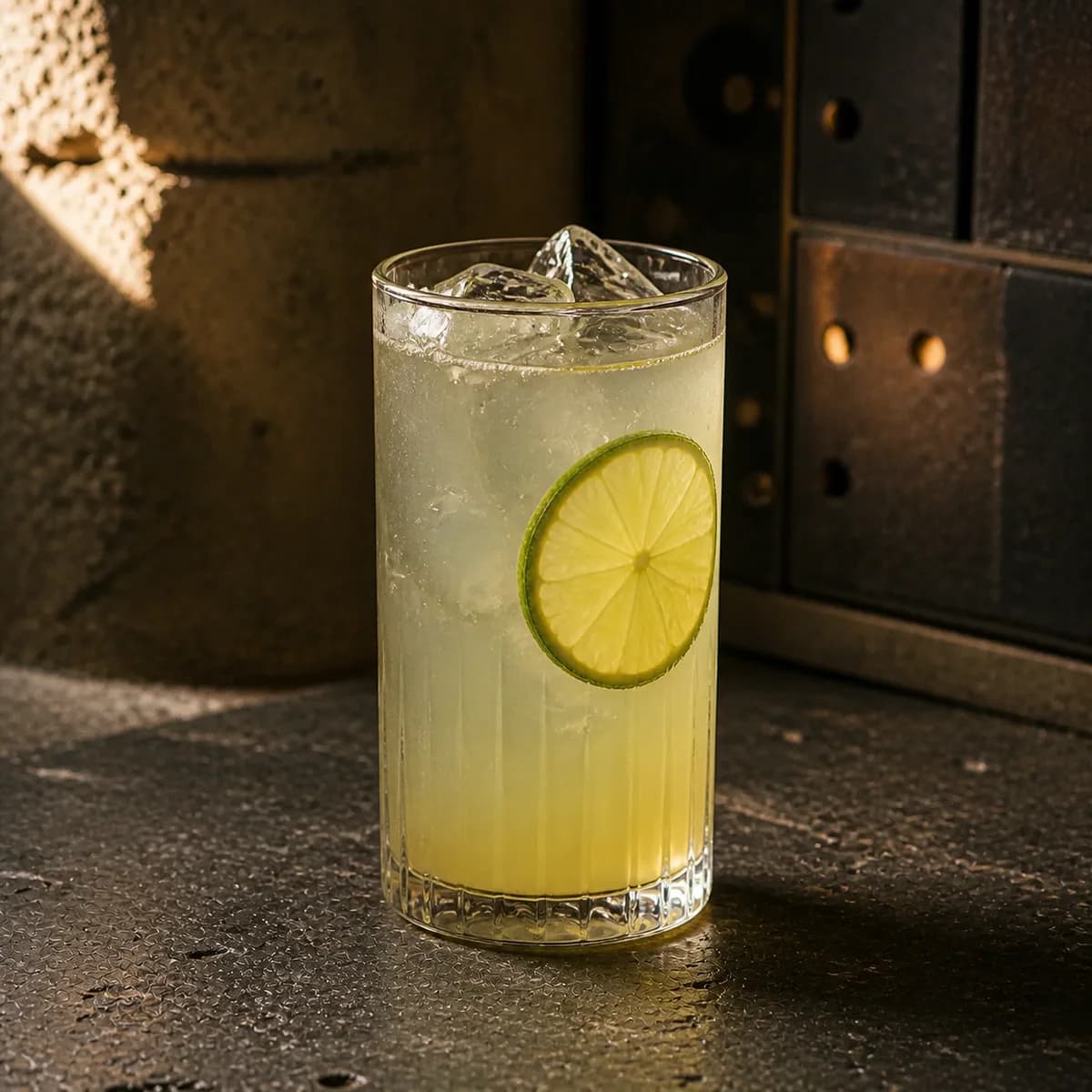 Mexicano in a tall straight-sided highball glass styled in a restrained modern mezcalería with blackened steel, pale clay render and rough volcanic stone.