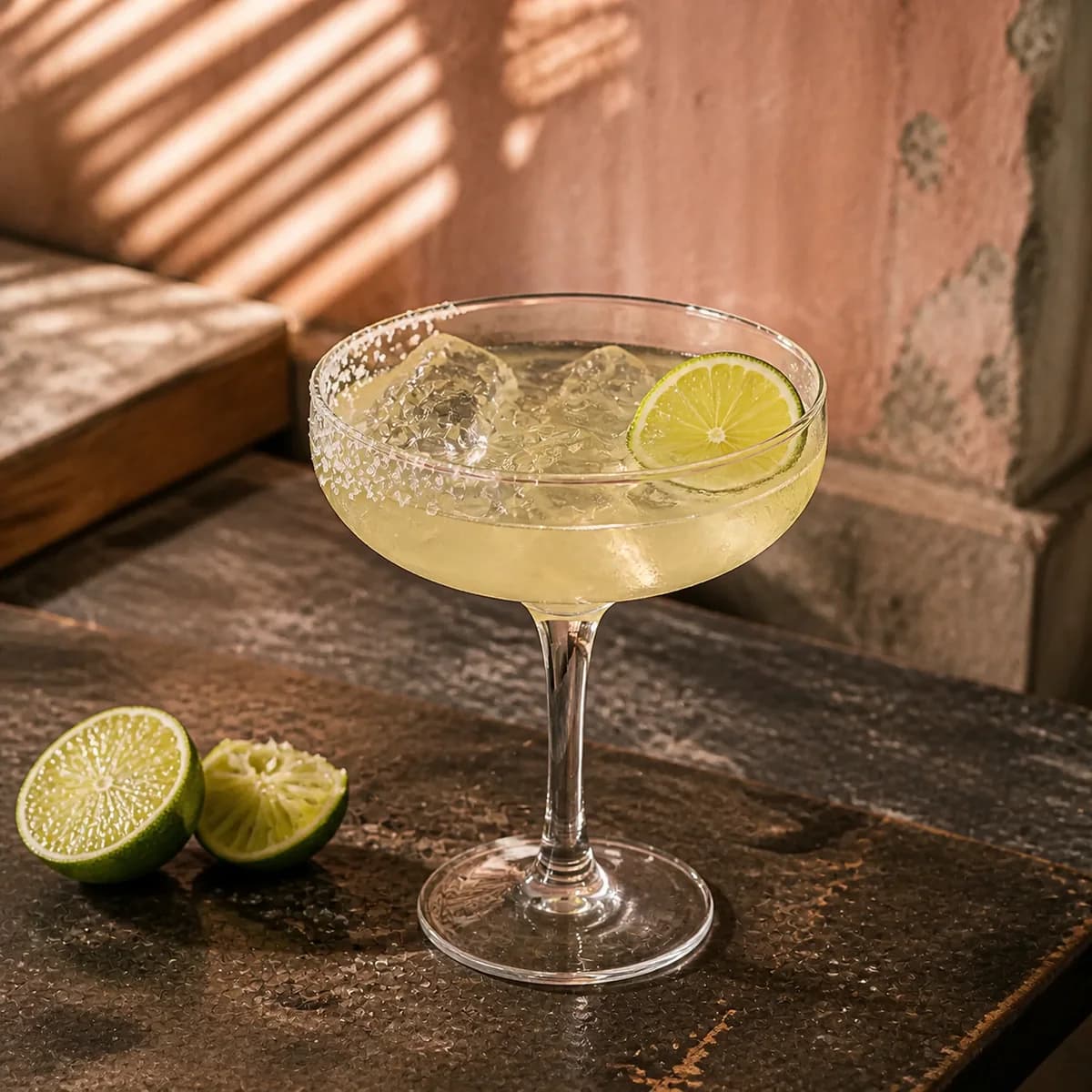 Mezcal Margarita in a wide stemmed margarita glass styled in a quiet coastal Mexican bar with faded coral plaster, dark stone and a slatted palm shadow.