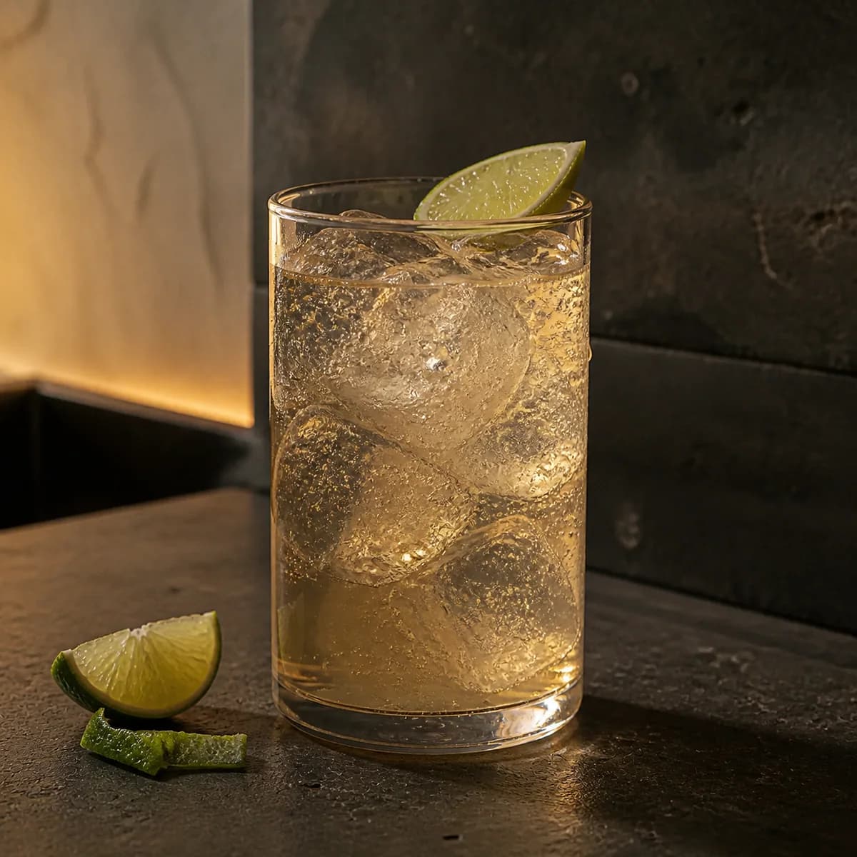 Mezcal Mule in a tall straight-sided highball glass styled in a restrained modern mezcalería with blackened steel, pale clay render and rough volcanic stone.