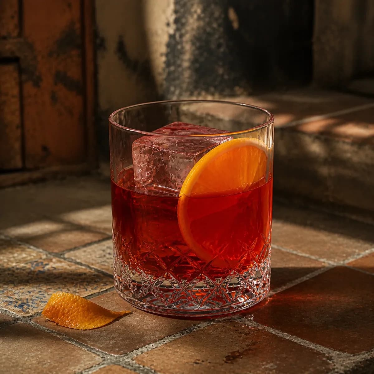 Mezcal Negroni in a heavy low rocks glass styled in an Oaxacan courtyard bar with smoke-darkened clay plaster, handmade tile and old timber.