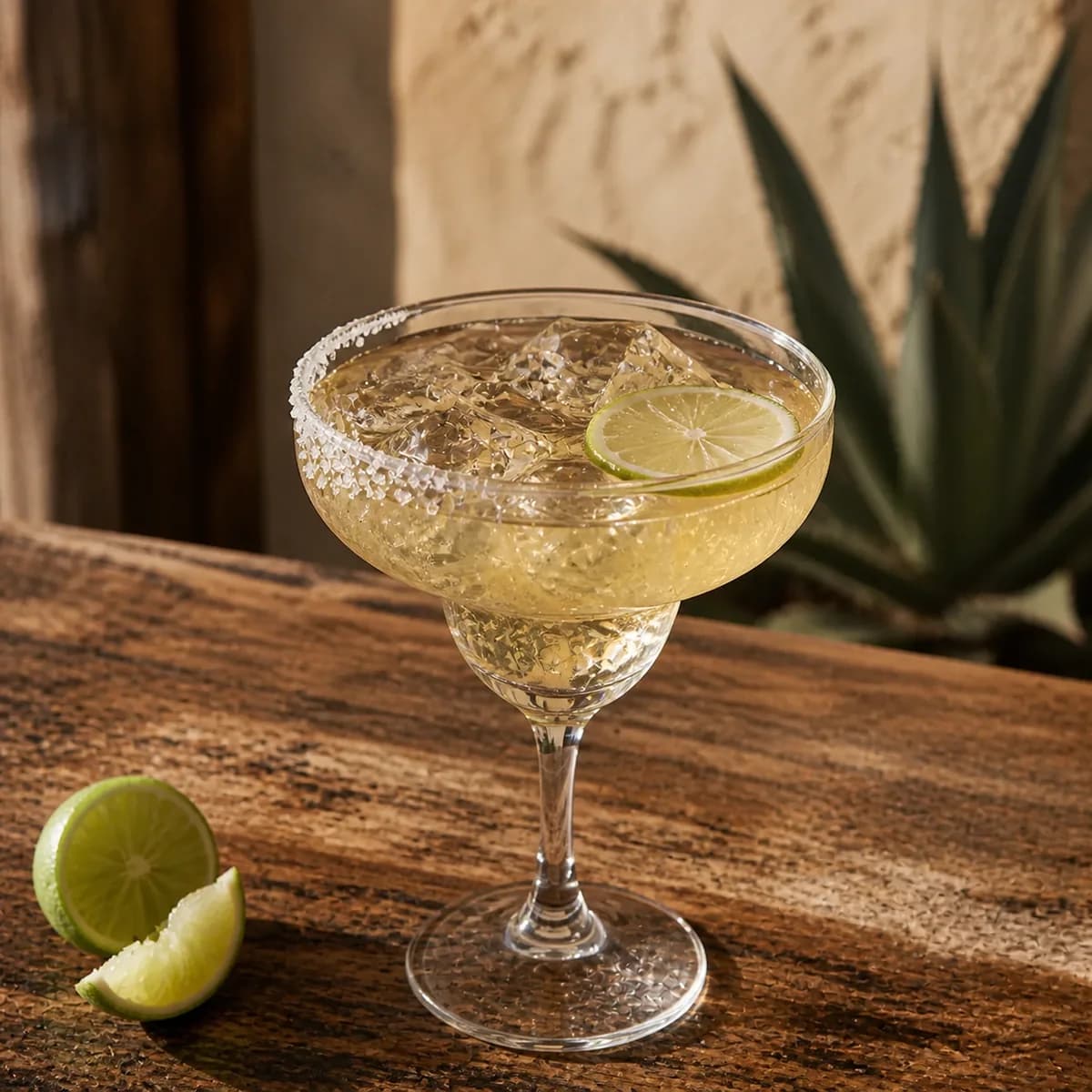 Midori Margarita in a wide stemmed margarita glass styled in a desert lodge bar with chalky adobe, worn mesquite and a blurred agave silhouette.