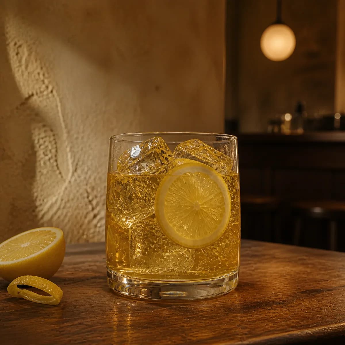 Midori Sour in a heavy low rocks glass styled in a compact European wine bar with limewashed walls, old oak and a single shaded globe.