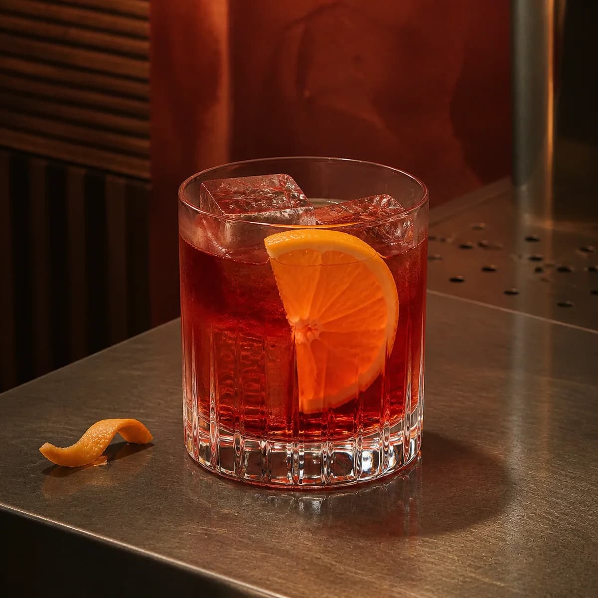 Milano-Torino in a heavy low rocks glass styled in a modern amaro bar with ribbed walnut, smoked red plaster and brushed pewter.